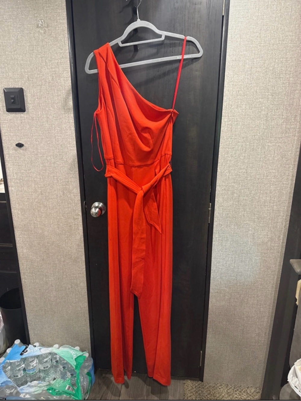 ANTONIO MELANI One-Shoulder Red Jumpsuit with Waist Tie